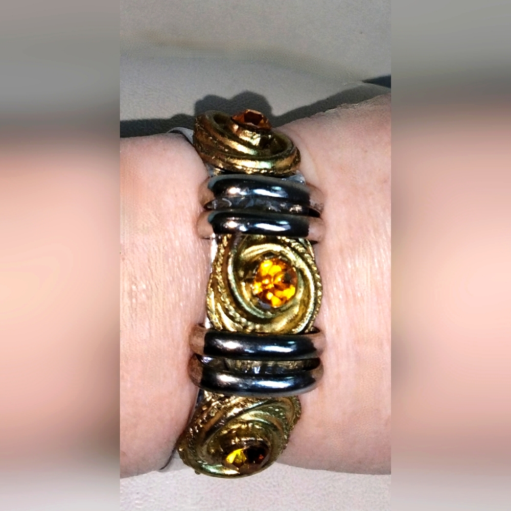 Adjustable Faux Leather Bracelet Silver Gold Topaz Color Mixed Metal NWOT